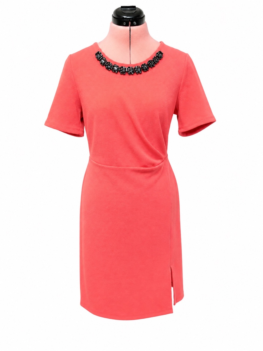 Coral Jewel-Neck Short Sleeve Dress